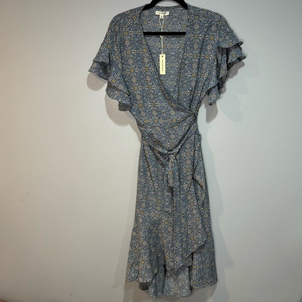 Max Studio Blue Floral Midi Wrap Tie Dress NWT